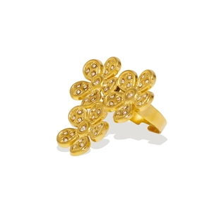 Elegant gold flower ring with shimmering zircon petals in a blooming floral cluster design