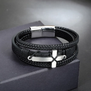 Vintage multilayer black leather woven bracelet with silver metal cross and magnetic clasp