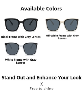 Three oversized sunglasses in black, cream and white frames with grey lenses detail
