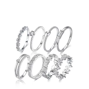 Set of eight S925 sterling silver rings with heart, star, and geometric zircon designs