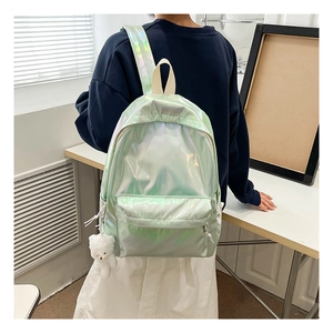 Detail eines hellgrünen Hologramm-Rucksacks mit weißem Plüschbären-Anhänger am Rücken
