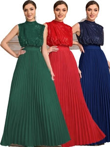 Women Sequin Backless High Waist Pleated Maxi Dress Elegant Sleeveless High Neck Party Evening Gown Formal Wedding Guest Dress