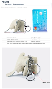 Detailed view of genuine leather elephant keychain showing pebble grain texture and 8x6cm size