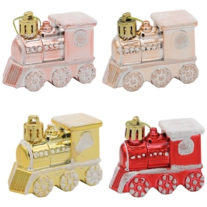 Christmas tree hanging ornaments in four metallic train engine shapes with snow glitter