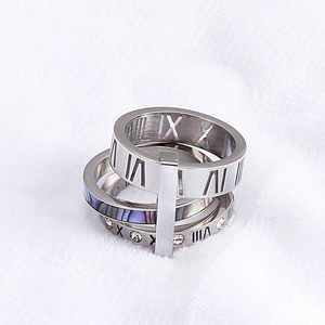 Detailed view of three-piece silver titanium steel ring set with shell inlay and Roman numerals