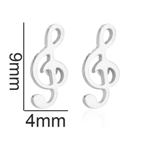 Silver musical note stud earrings in stainless steel with 9mm height dimensions