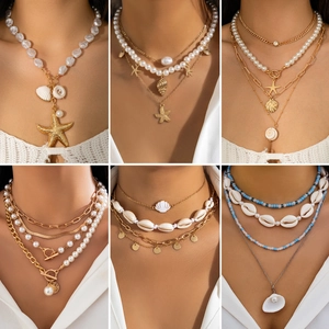 Bohemian Layered Necklace For Women Multi Strand Alloy Shell Starfish Imitation Artificial Pearl Beach Vacation Jewelry