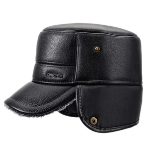 Men's black leather flat top winter hat with ear flaps and warm faux lamb wool lining