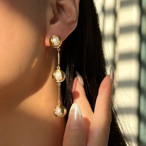 Vintage 18k gold plated titanium steel earrings with triple dangling white pearls
