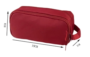 Close-up of red nylon pencil case showing 19x8x7cm dimensions and double zippers