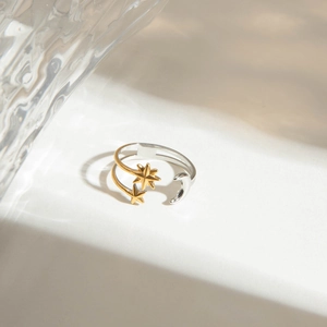 Detail of star and moon stainless steel ring with gold and silver two-tone finish