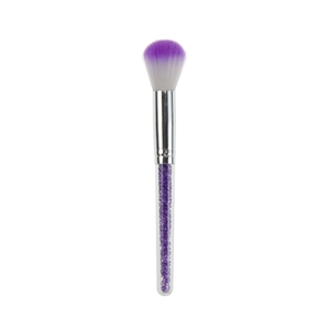 Macro detail of makeup brush featuring purple gradient bristles and bead-filled handle
