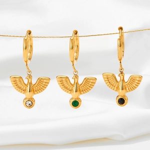 Golden bird hoop earrings with detailed wings and colorful zircon stones for women