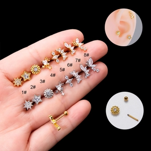 Helix Piercing Stud Earrings Stainless Steel Copper Zircon Star Butterfly Design Screw Ball Back Women Jewelry