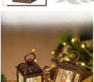 Detail of vintage bronze Christmas lantern with Santa, reindeer, and warm LED lights
