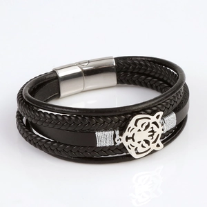 Men's multi-layer black braided leather bracelet with stainless steel tiger head charm