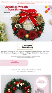 Close-up of a Christmas wreath with red velvet bow, gold ornaments and Merry Christmas sign
