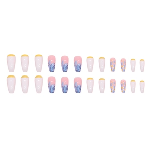 24pcs long coffin press-on nails with golden French tips and blue glitter accents