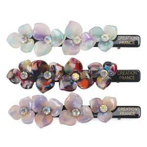 Elegant Flower Hair Clip Cellulose Acetate Colorful Rhinestone Side Duckbill Barrette For Women Sweet Korean Style Floral