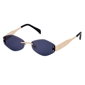 Fashionable rimless diamond-cut sunglasses with dark geometric lenses and gold metal temples