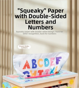 Detail of wooden sensory tissue box toy with colorful ABC crinkle papers for babies