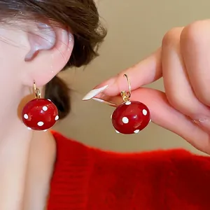 Red White Polka Dot Mushroom Faux Artificial Pearl Earrings Gold Plated Alloy With Silver Earring Post Retro Jewelry For Women