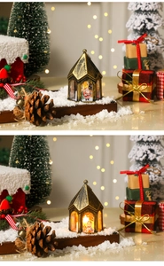 Macro detail of vintage Christmas lanterns with warm LED light and Santa illustrations