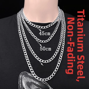 Comparison of silver stainless steel curb chain lengths 45cm to 70cm on male model