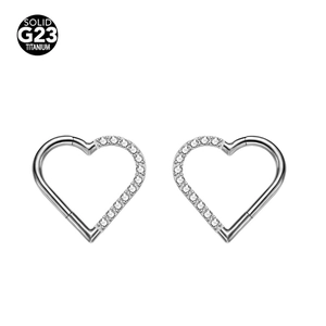 Solid G23 titanium heart-shaped hoop earring with sparkling clear cubic zirconia stones