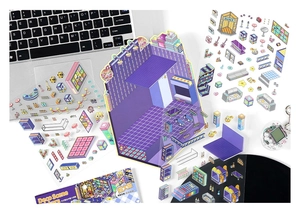Detail showing large purple themed indoor scene stickers for creative DIY journaling deco