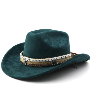 Chapeau de cowboy en daim vert foncé avec tête de taureau en métal et boucles étoiles