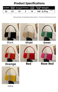 Detailed size chart for rhinestone evening bag showing dimensions and seven color options