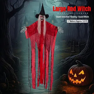 Hanging Halloween Witch Ghost Red Tattered Robe Voice Activated Glowing Eyes Scary Sound Haunted House Outdoor Horror Prop