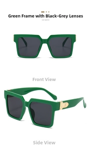 Detail of square green sunglasses featuring metallic M logo and dark grey lenses