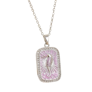 Silver seahorse tarot pendant necklace with pink enamel and white rhinestones