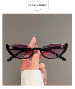 Detail view of cat eye sunglasses with black frame and purple transparent lenses