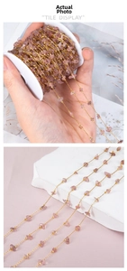 Detail of DIY natural purple stone beaded chain wrapped on a white reel with gold finish