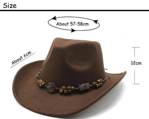 Brown wool felt cowboy hat detail showing 8cm brim width and 12cm crown height dimensions