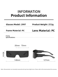 Detailed size chart and specifications for UV400 futuristic wrap-around sport sunglasses