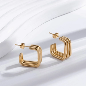 Minimalist geometric triple-line square hoop earrings in polished gold stainless steel