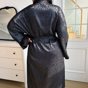 Elegant long satin leopard print bathrobe with waist tie for women's home comfort wear