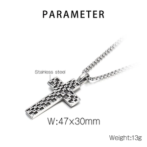 Macro view of stainless steel checkerboard cross pendant with dimensions and weight specs