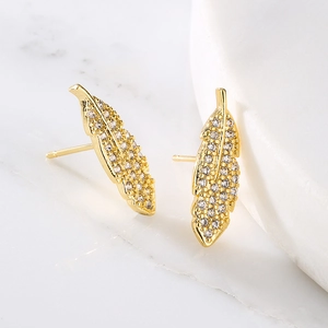 Elegant 18K gold plated feather earrings with micro-inlaid cubic zirconia stones