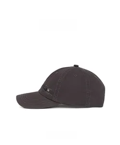 Close-up of side view of dark grey washed cotton baseball cap with embroidered logo