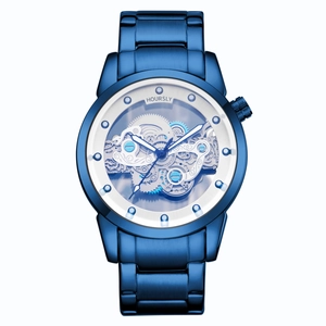 Montre homme en acier inoxydable bleu avec cadran squelette et détails argentés