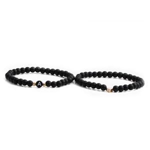 Initial Alphabet Beaded Bracelet Heart Charm Matte Black Frosted Stone Elastic Cord Jewelry Women Men Minimalism