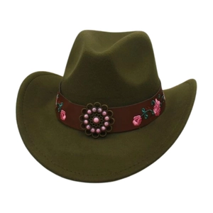 Retro Western Cowboy Hat Women Vintage Felt Fedora Floral Embroidery Leather Band Curved Brim Ethnic Style Sunshade Cap