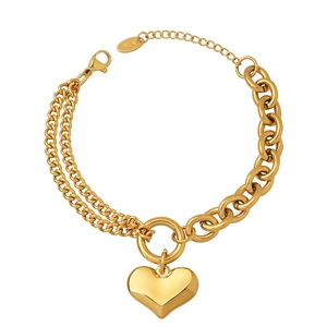 Western Fashion Titanium Steel Heart Charm Cuban Chain Patchwork Bracelet 18K Gold Plated Women Jewelry Non-Fading Hand Jewelry
