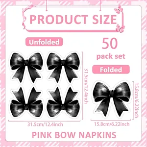 Infographic showing dimensions of 50-pack black bow-shaped party napkins unfolded and folded