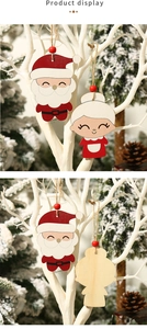 Close-up of double-sided wooden Santa Claus and Mrs. Claus ornaments with rustic jute ropes